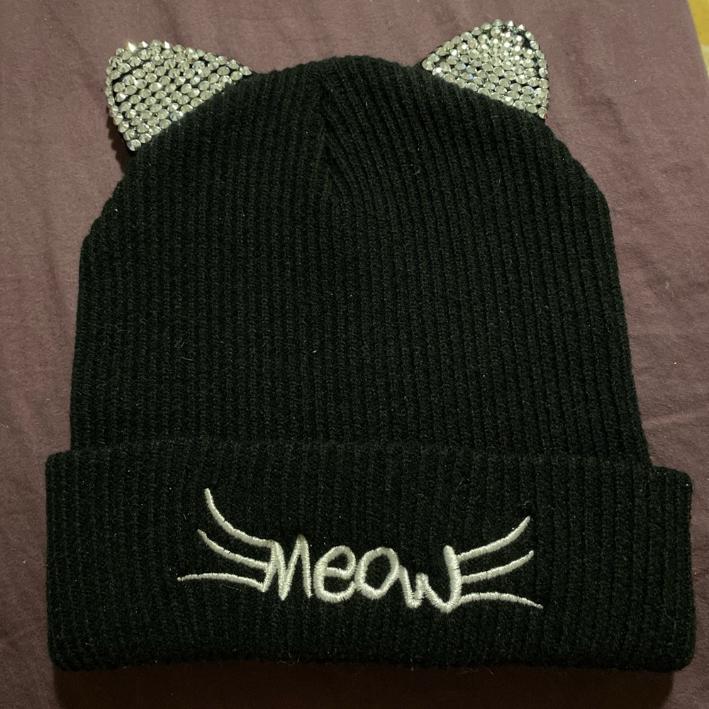 Black Beanie with Rhinestone Cat Ears